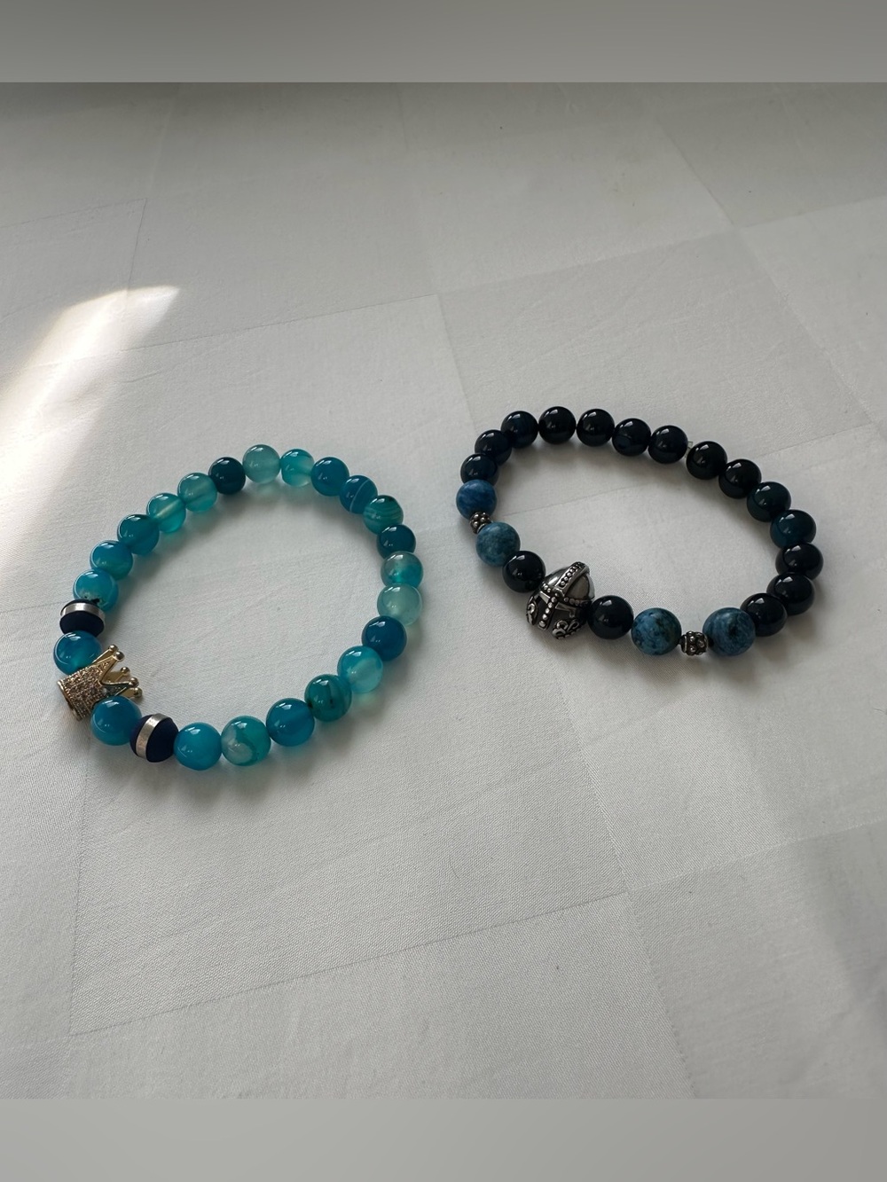 Set of 2 Beaded Stretch Bracelets | Teal Blue Agate Crown & Black Onyx Knight He